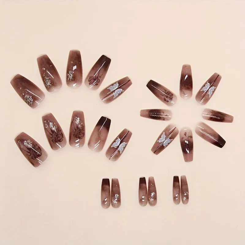 Nailhour 24Pcs Brown Vintage Glitter Medium Coffin Press On Nails
