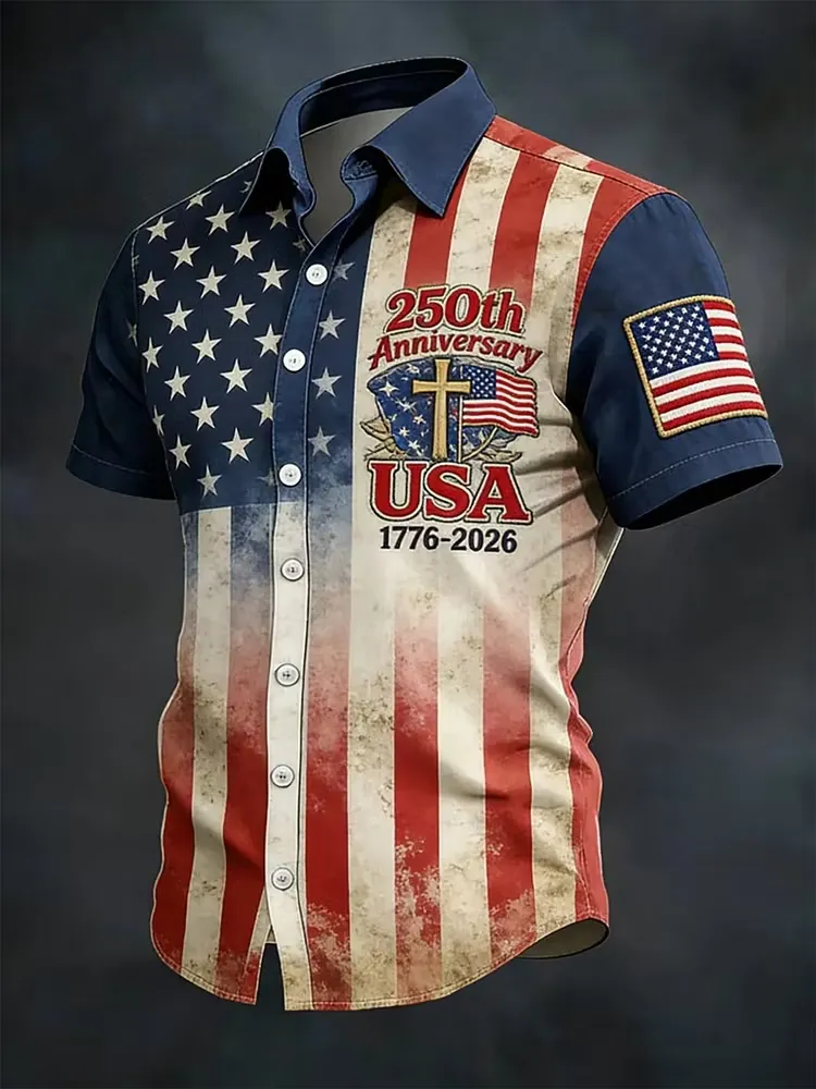 Men'S America Flag Printed Casual Collar Shirt