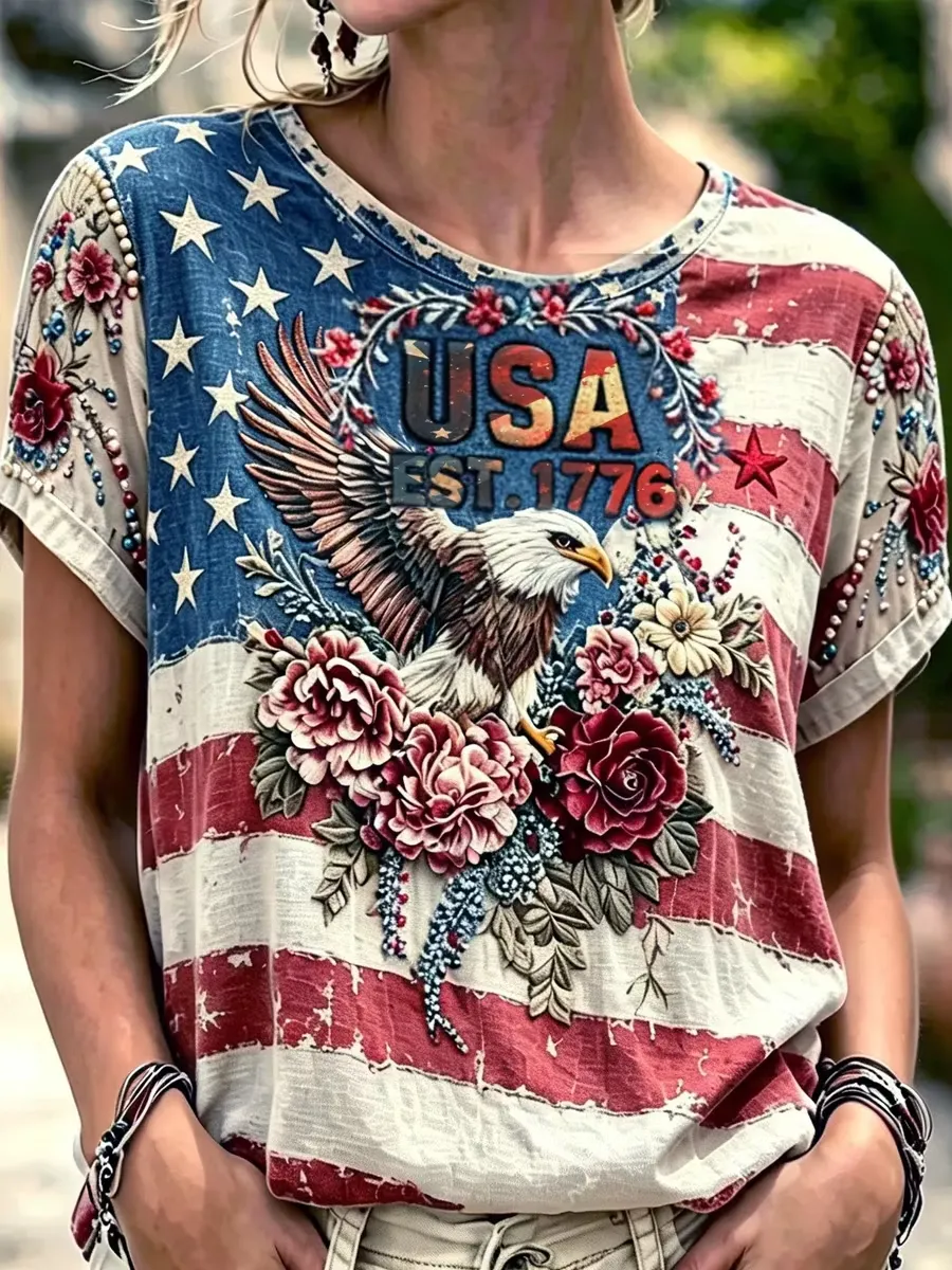 Women'S Retro Independent Sun Star Flag Printed Top