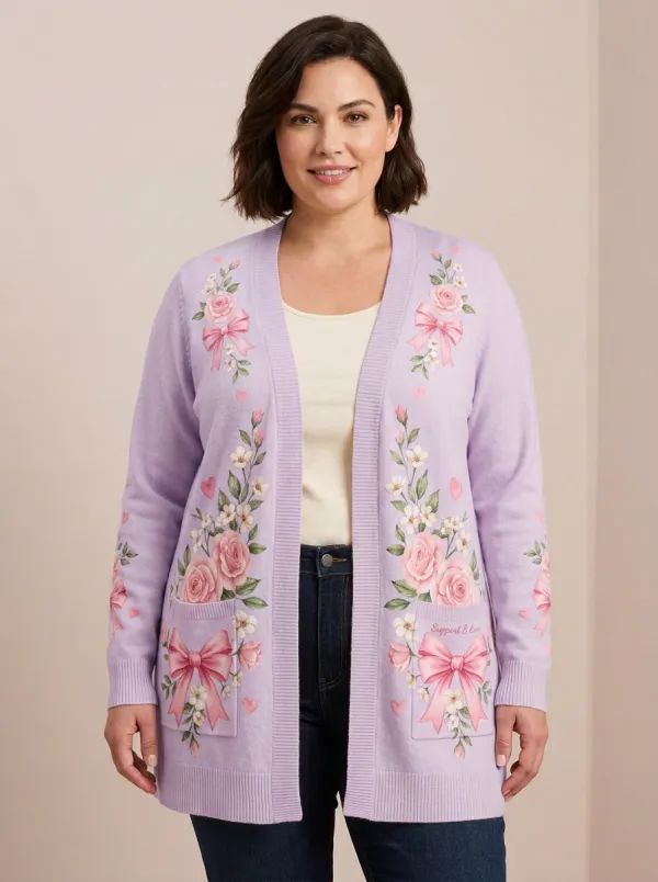 Women's Breast Cancer Awareness Pink Rose Bow Printed Cardigan