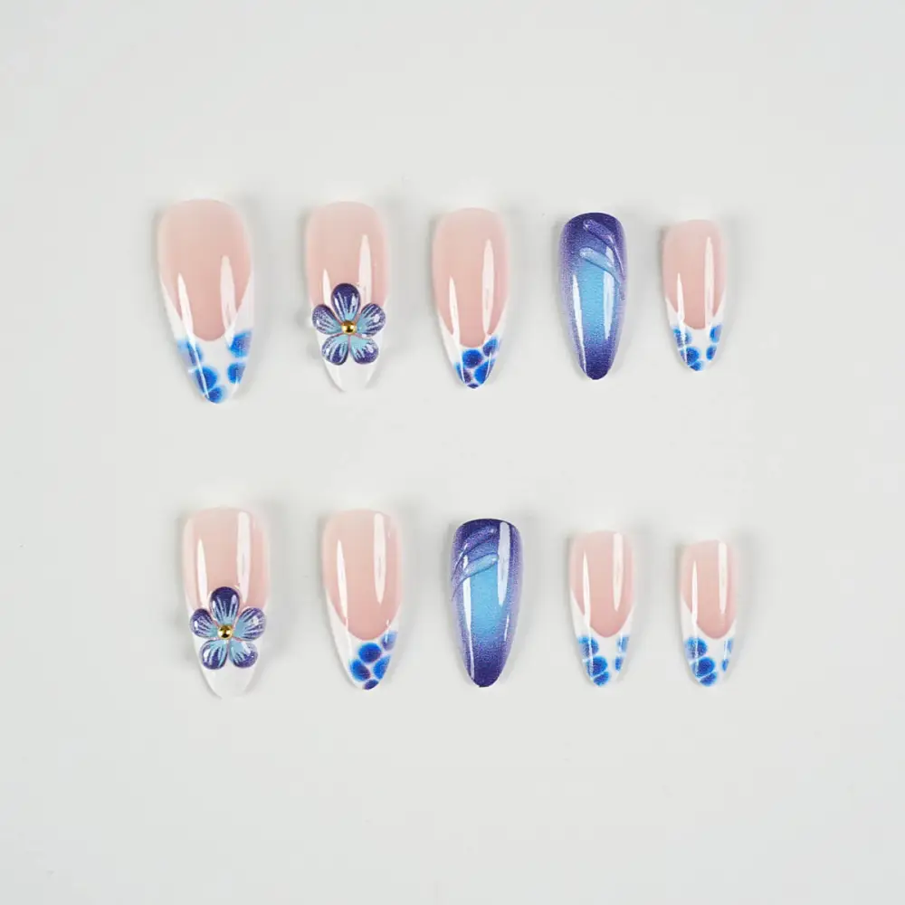 Nailhour 24Pcs Blue Cat Eye Medium Almond Press On Nails