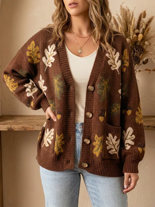 Oak Leaf Acorn Pattern Patterned Women's Knit Cardigan