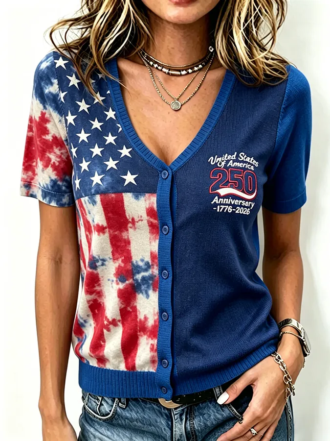 Women's Anniversary US Flag Tie Dyeing V-neck Button Cardigan