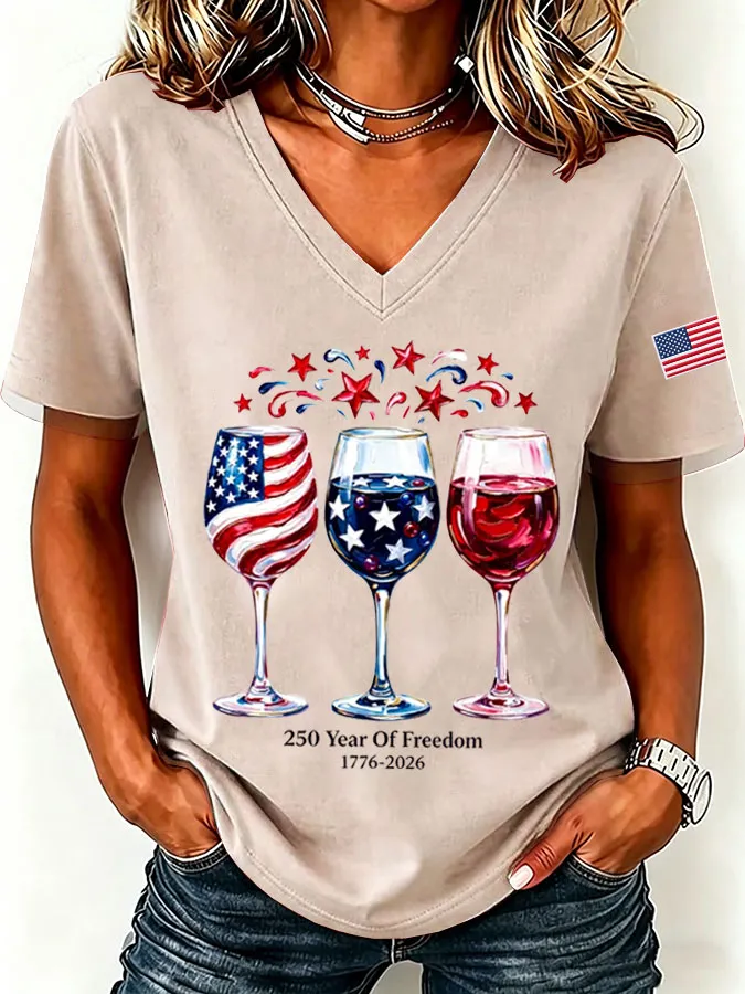 Women'S America Flag  Print Casual V-Neck T-Shirt