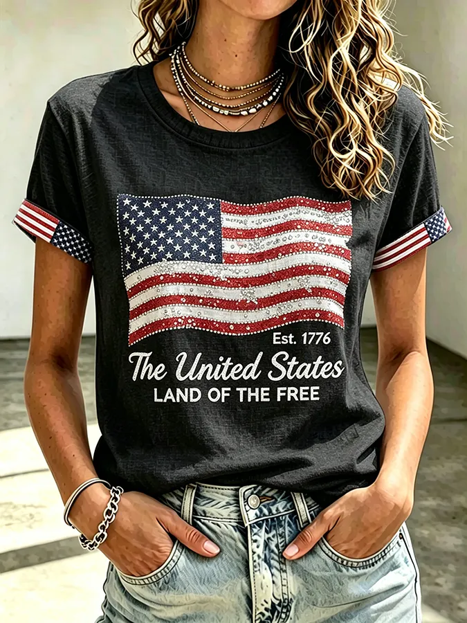 Ladies' Casual American 250Th Anniversary Commemorative Glitter Printed Round Neck Short Sleeved T-Shirt