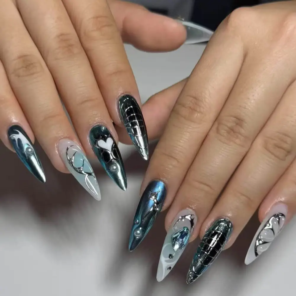 Nailhour 24Pcs Chrome Cat Eye Long Stiletto Press On Nails