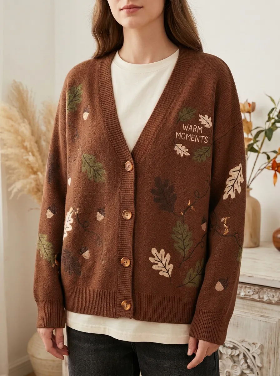 Acorn Oak Leaf Embroidered Women's Knit Cardigan