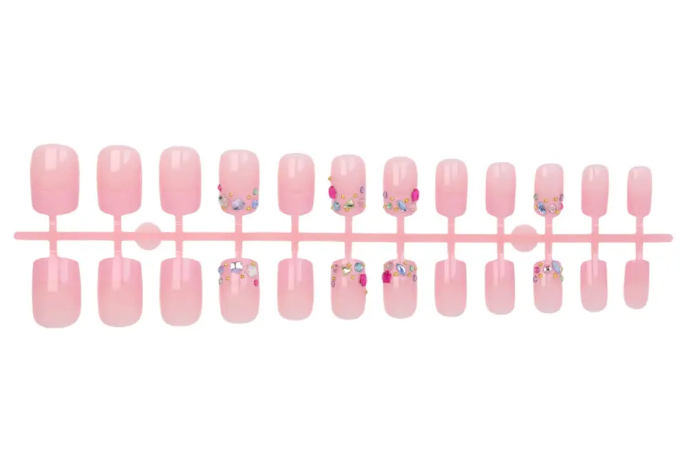 Nailhour 24Pcs Pink Rhinestone Medium Square Press On Nails