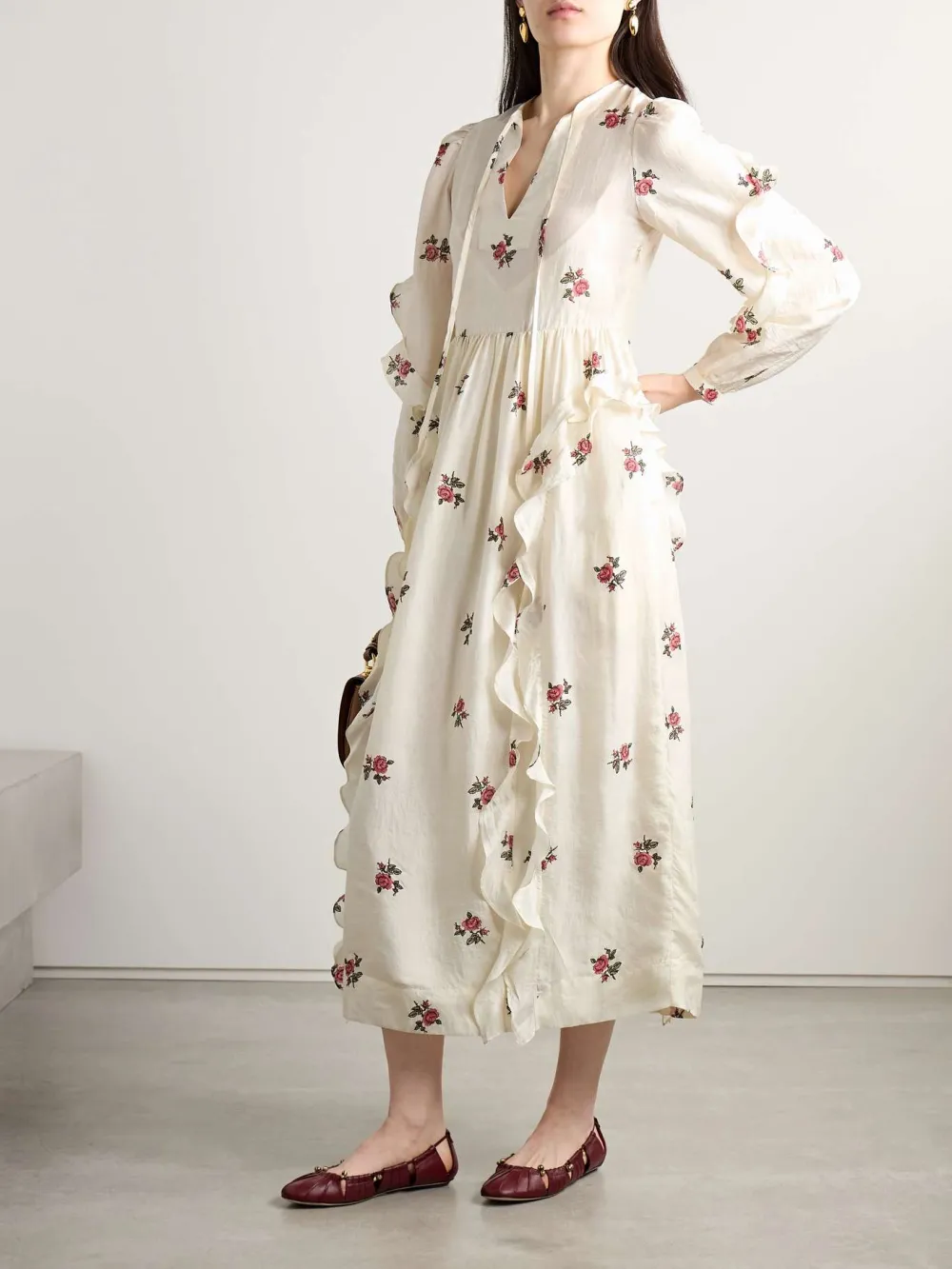 Ruffled Printed Tie Neck Dress