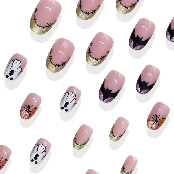 Nailhour 24Pcs Halloween Short Oval French Glitter Ghost  Press On Nails