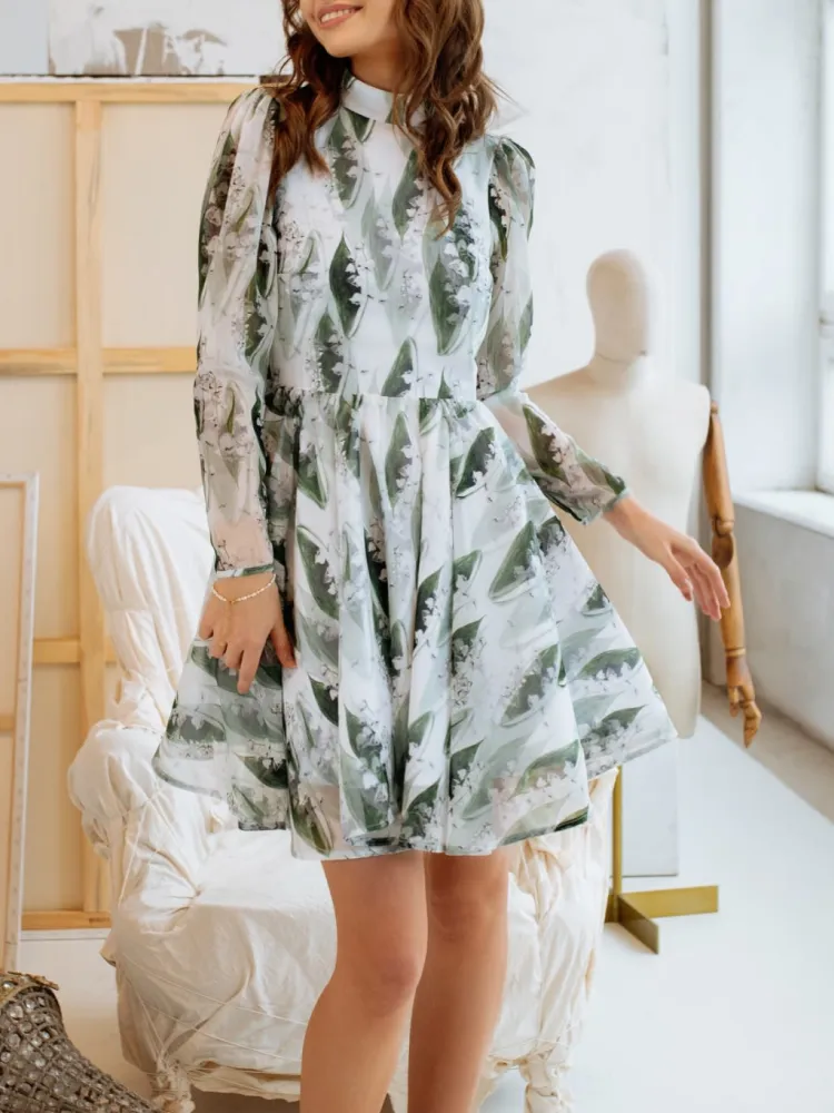 Backless Print Long Sleeve Dress