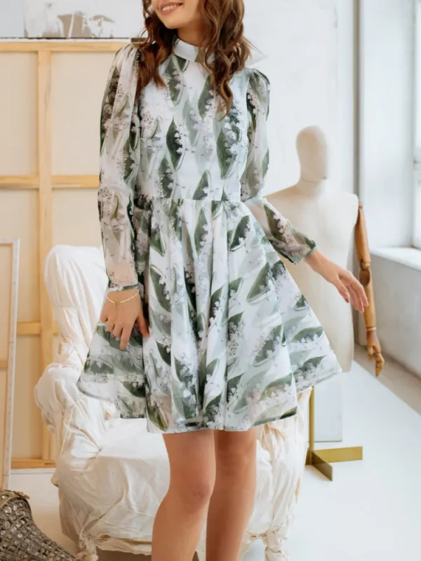 Backless Print Long Sleeve Dress