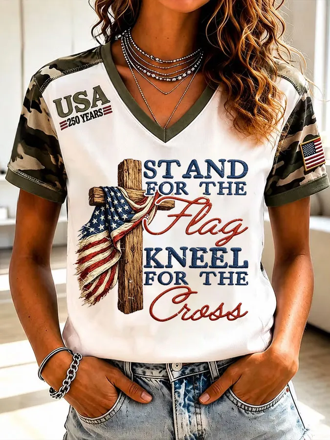 Women'S America Flag Cross Print Casual V-Neck T-Shirt