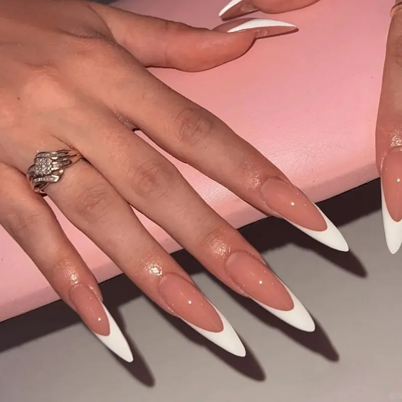 Nailhour Nude Minimalist 24Pcs Stiletto Long French Press On Nails