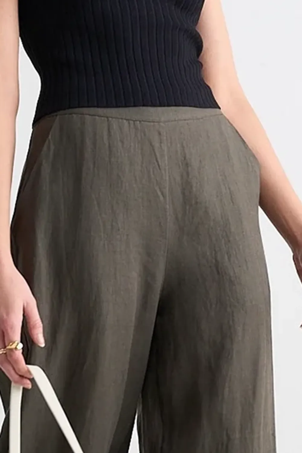 Dark Green Linen Wide - Leg Pants