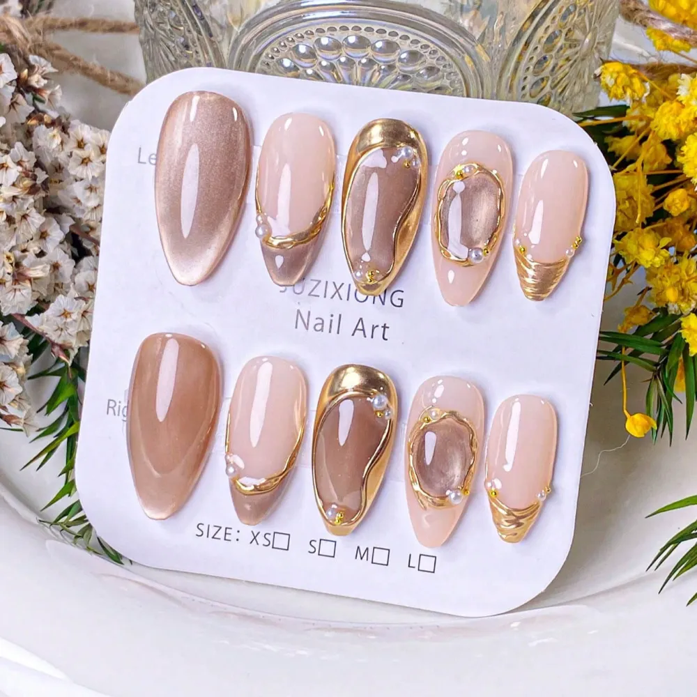 Nailhour 10Pcs Gilded Autumn Medium Almond Press On Nails