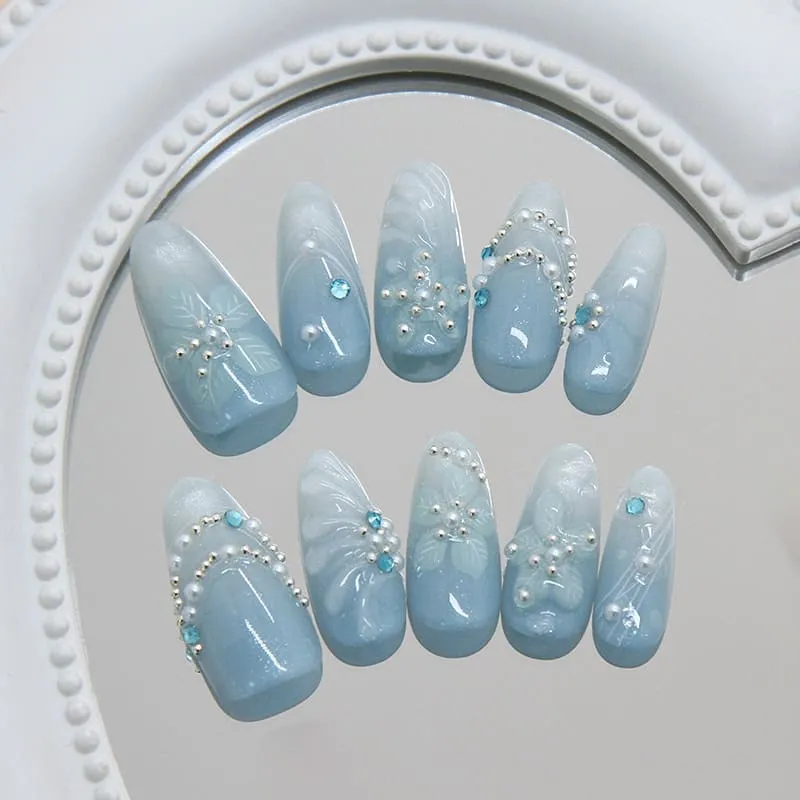 Nailhour 30Pcs Blue Gilded 3D French Medium Almond Press On Nails