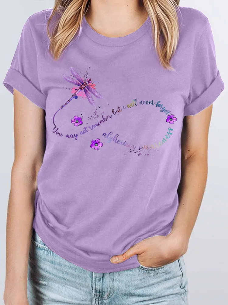 Women's You May Not Remember But I Will Never Forget Alzheimer's Awareness Round-Neck Short-Sleeved T-Shirt