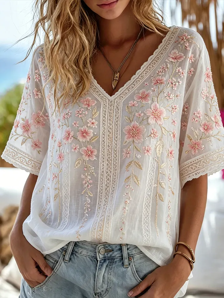 Women's V-neck lace cotton and linen top
