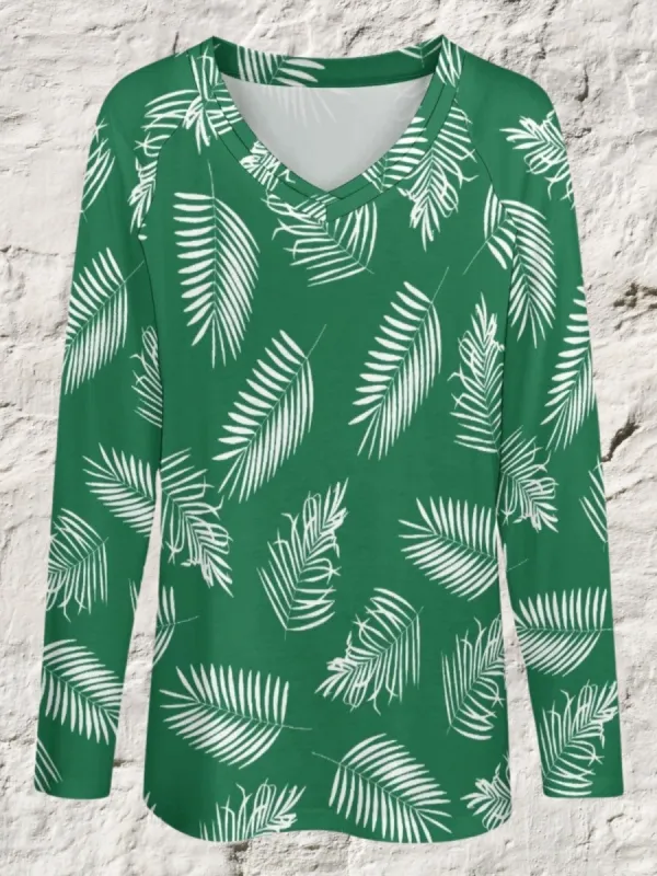 Leaf Print V-Neck Casual T-Shirt