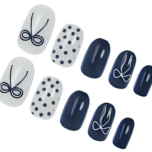 Nailhour 24Pcs Blue Vintage French Short Almond Press On Nails