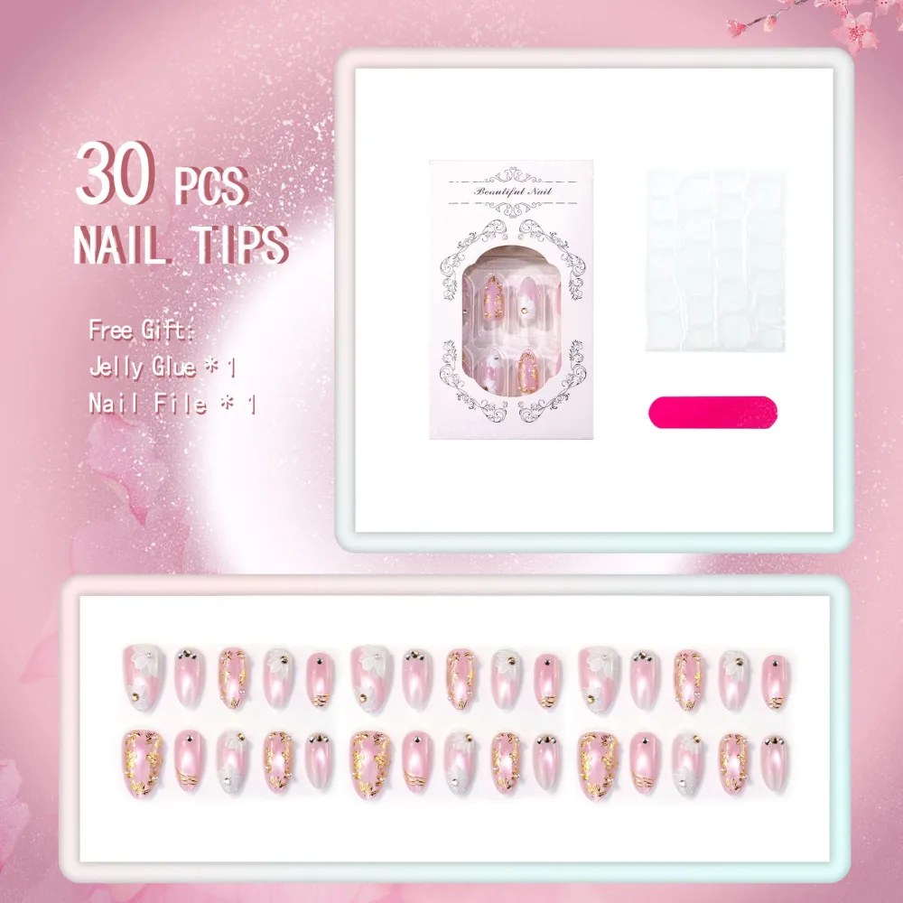 Nailhour 30Pcs Sweet Cat Eye Pink 3D Medium Almond French Press On Nails
