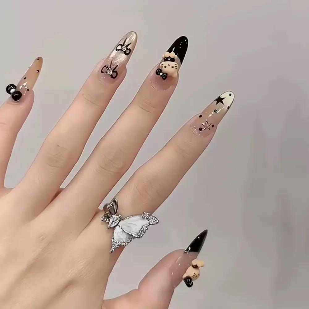 Nailhour 10Pcs Black 3D Vintage Polka Dots Kitty Long Almond Press On Nails