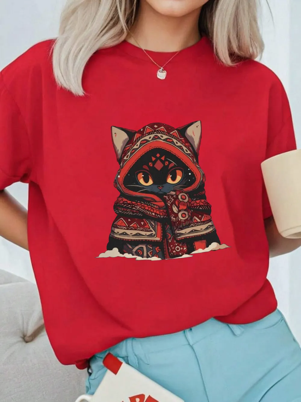 Cat in Hoodie Graphic T-Shirt