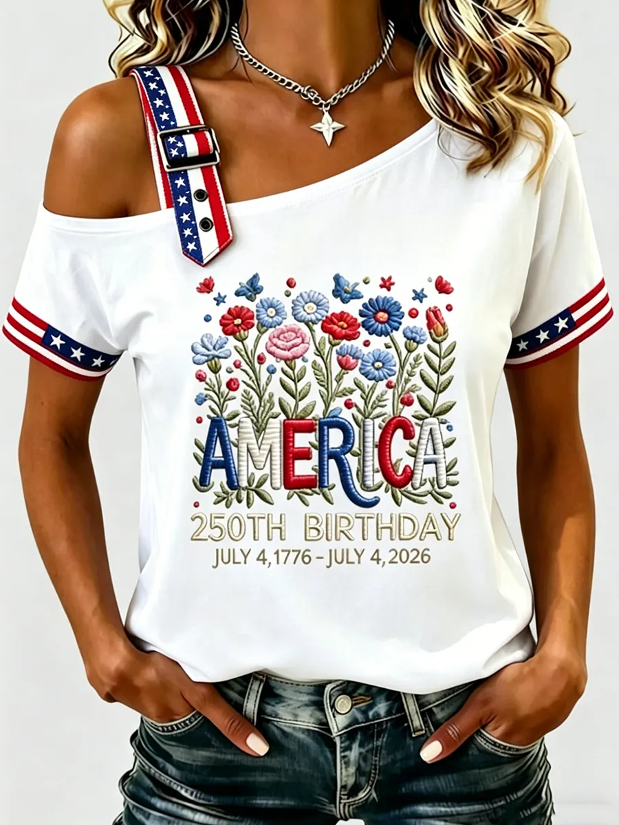 Women'S 250Th Anniversary American Round Neck Shoulder T-Shirt