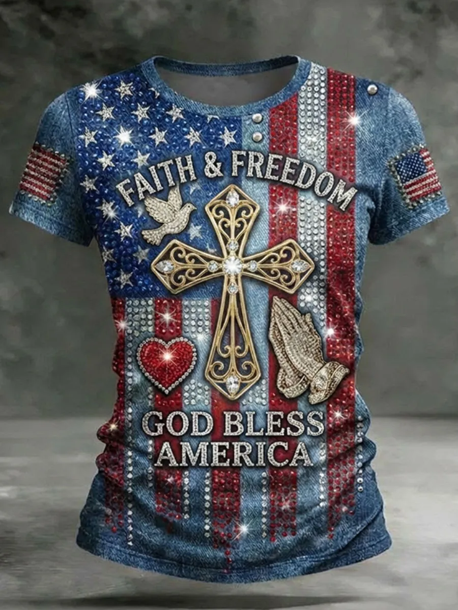 Women'S Faith & Freedom God Bless America American Flag Rhinestone Art Print Casual T-Shirt