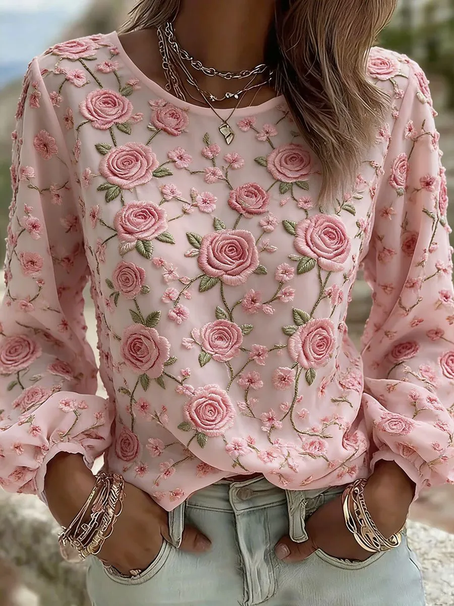 Women's floral fresh round neck top