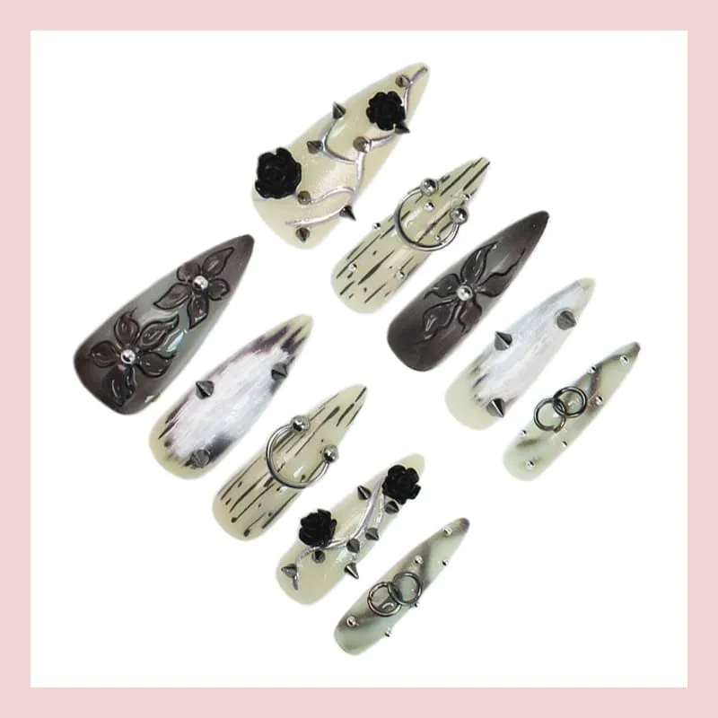 Nailhour 24Pcs Black Gothic 3D Floral Long Stiletto Press On Nails