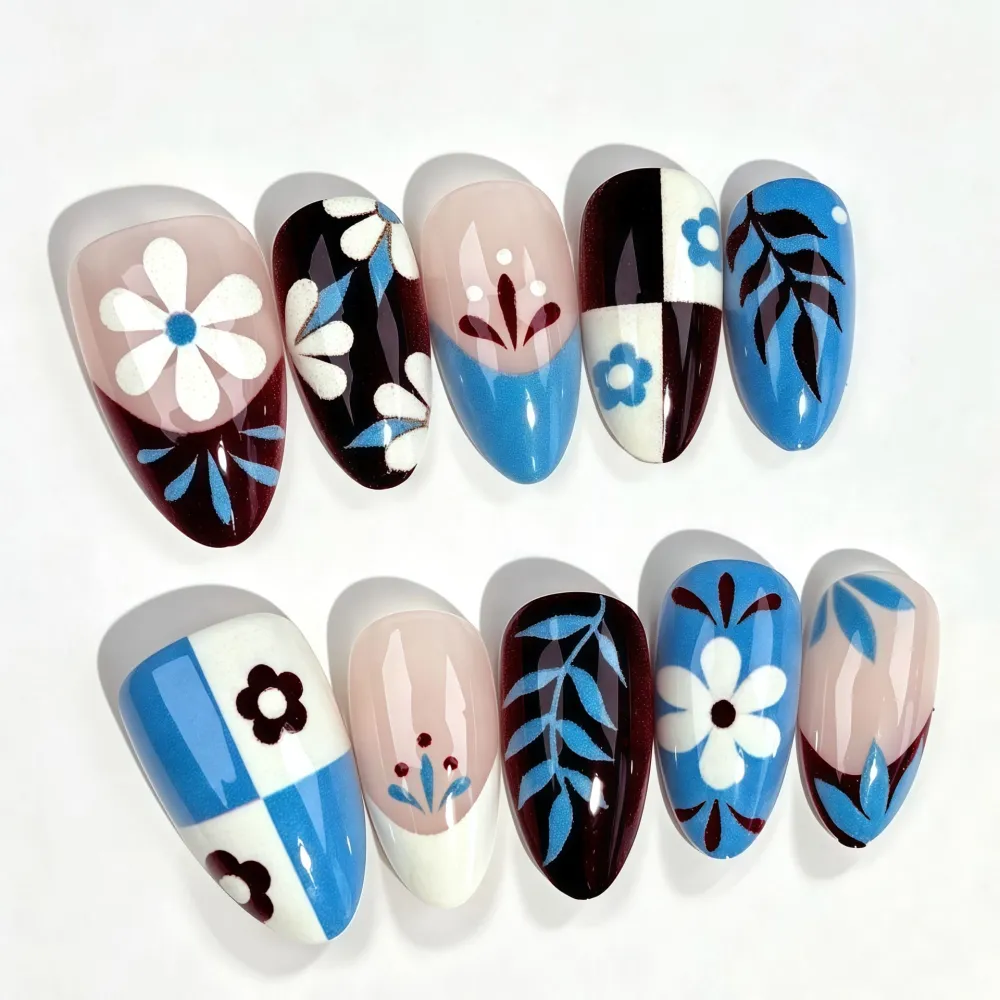 Nailhour 30Pcs Blue Floral Medium Almond Press On Nails