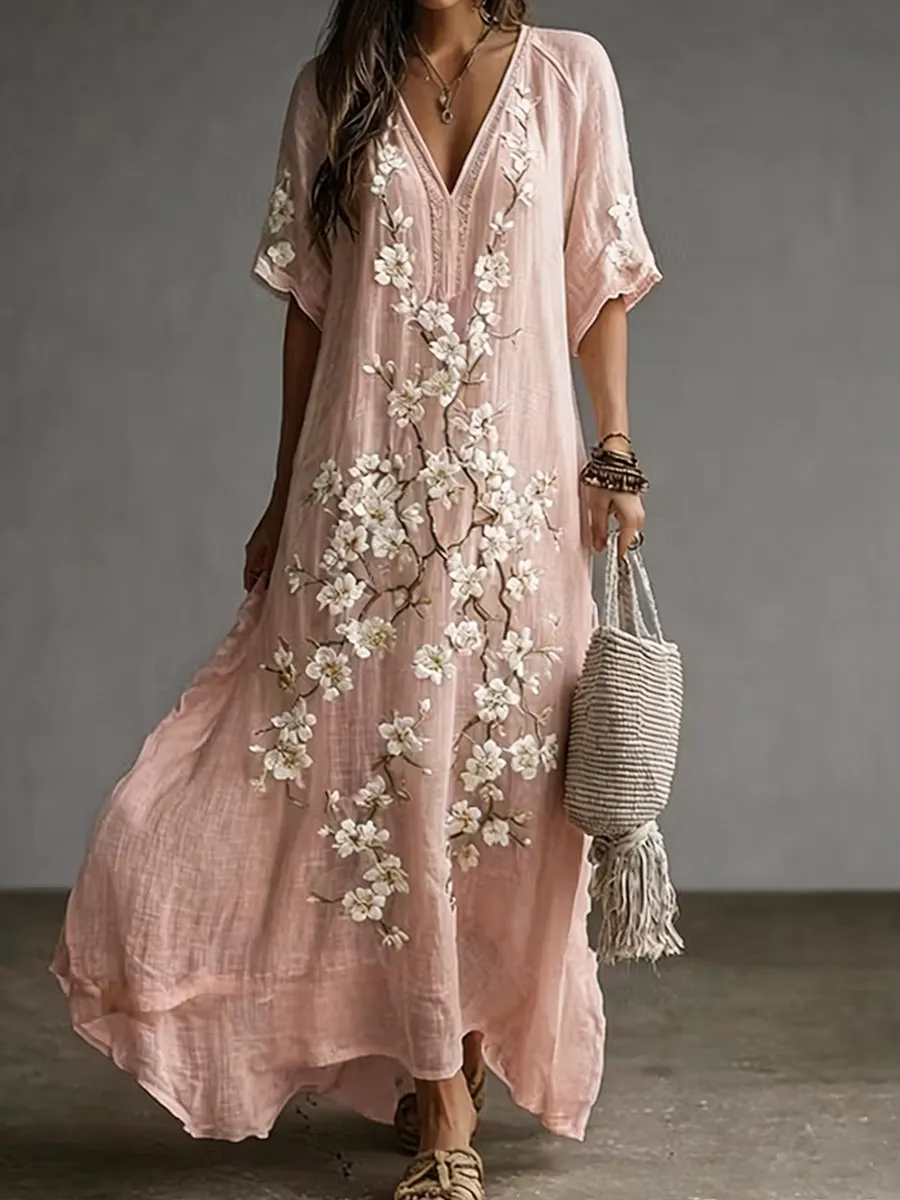 Women's Elegant Retro Floral Printed Cotton Linen Blend Long Skirt