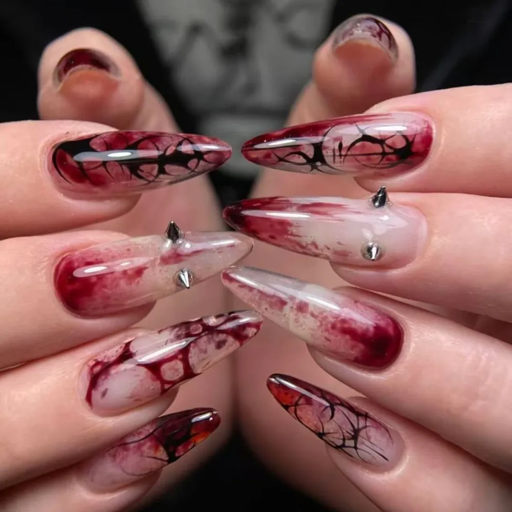 Nailhour 24Pcs Red Halloween Gothic Long Almond  Press On Nails