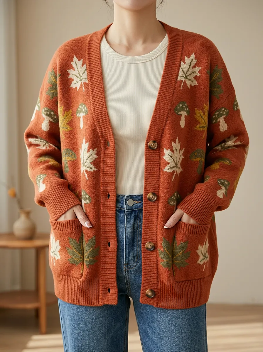 Maple Leaf Mushroom Patterned Women's Knit Cardigan