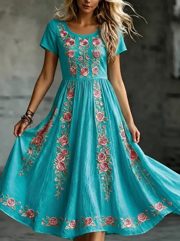 Women's Breast Cancer Awareness Rose Floral Embroidered Printed Dress