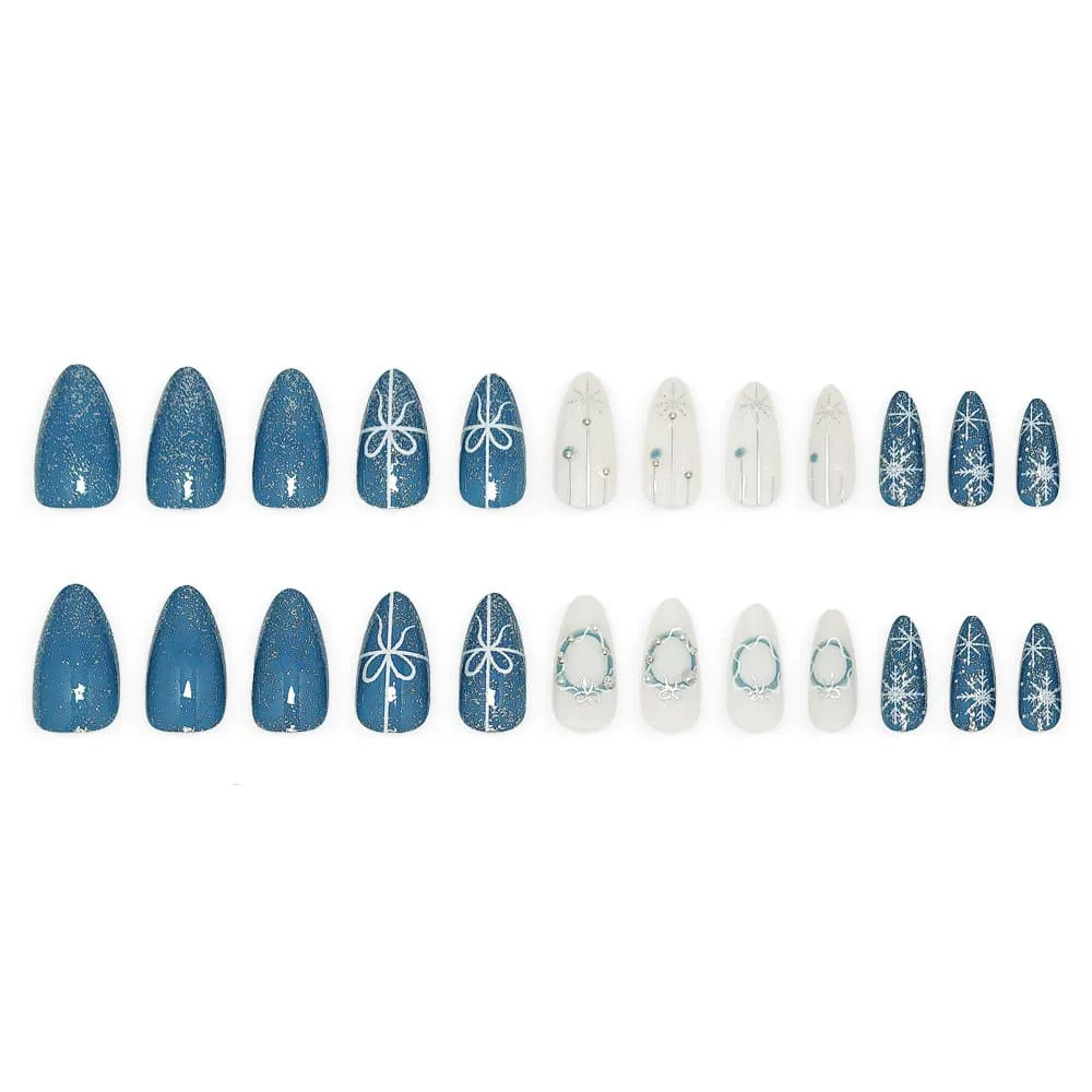 Nailhour 24Pcs Christmas Blue Glitter Medium Almond French Press On Nails