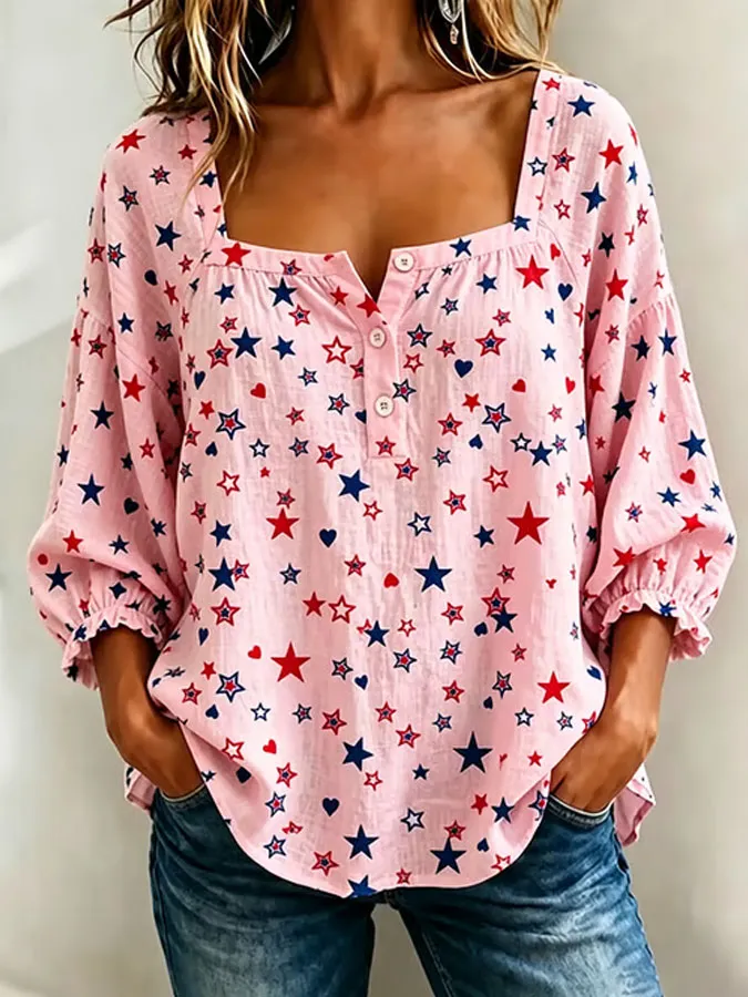 Ladies' Flag Floral Print Casual Cotton And Linen Top