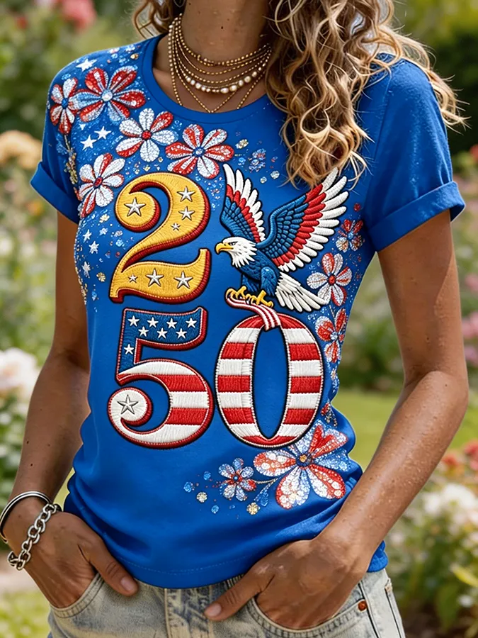 Women's USA 250th Eagle & Flag Embroidered Short Sleeve T-Shirt