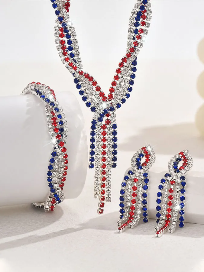 Colorful Rhinestone Twisted Tassel Necklace, Earrings, and Bracelet Set