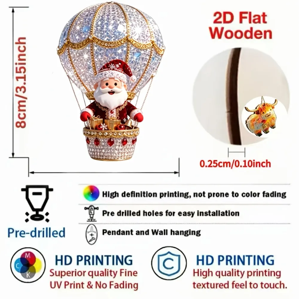 8/16pcs Wooden Christmas Ornaments: Hot Air Balloon Santa Claus Decorations