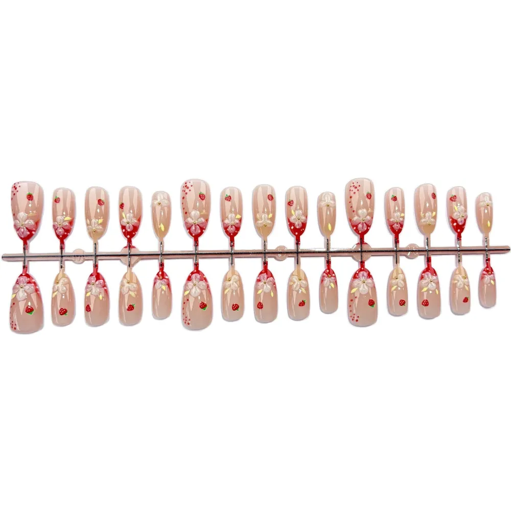 Nailhour 30Pcs Strawberry Red Medium Almond French Press On Nails