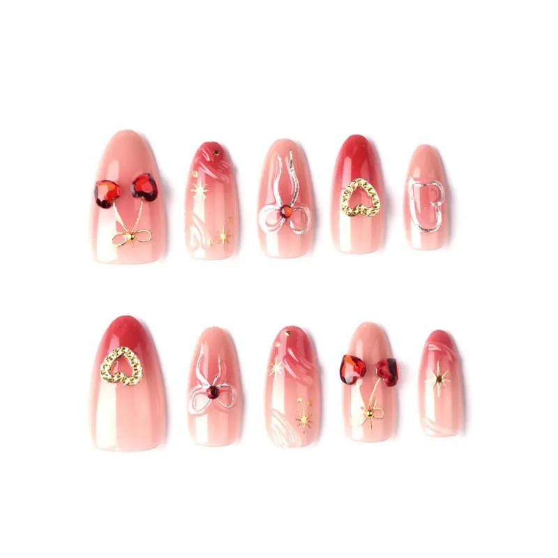 Nailhour 30Pcs Heart Bow 3D Medium Almond French Press On Nails