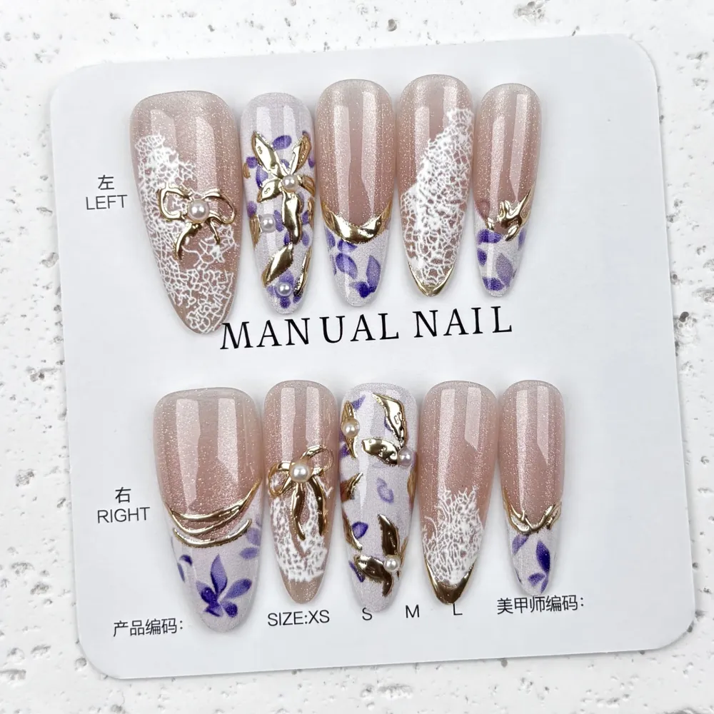 Nailhour 30Pcs Floral Gilded Medium Almond Cute Press On Nails
