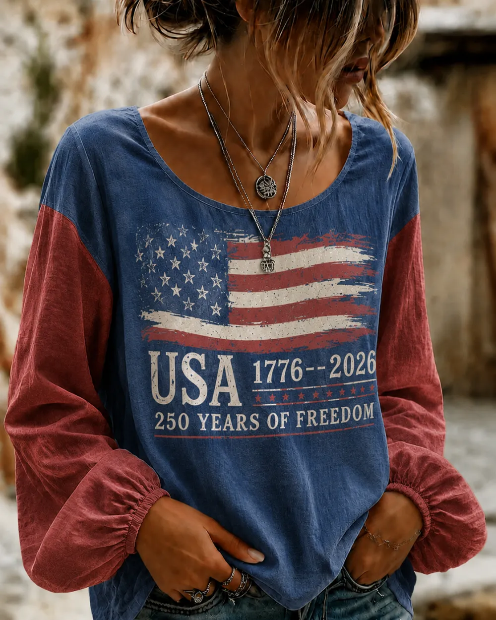 Women'S Casual American Independence Day Printed Cotton Linen Long Sleeved Shirt