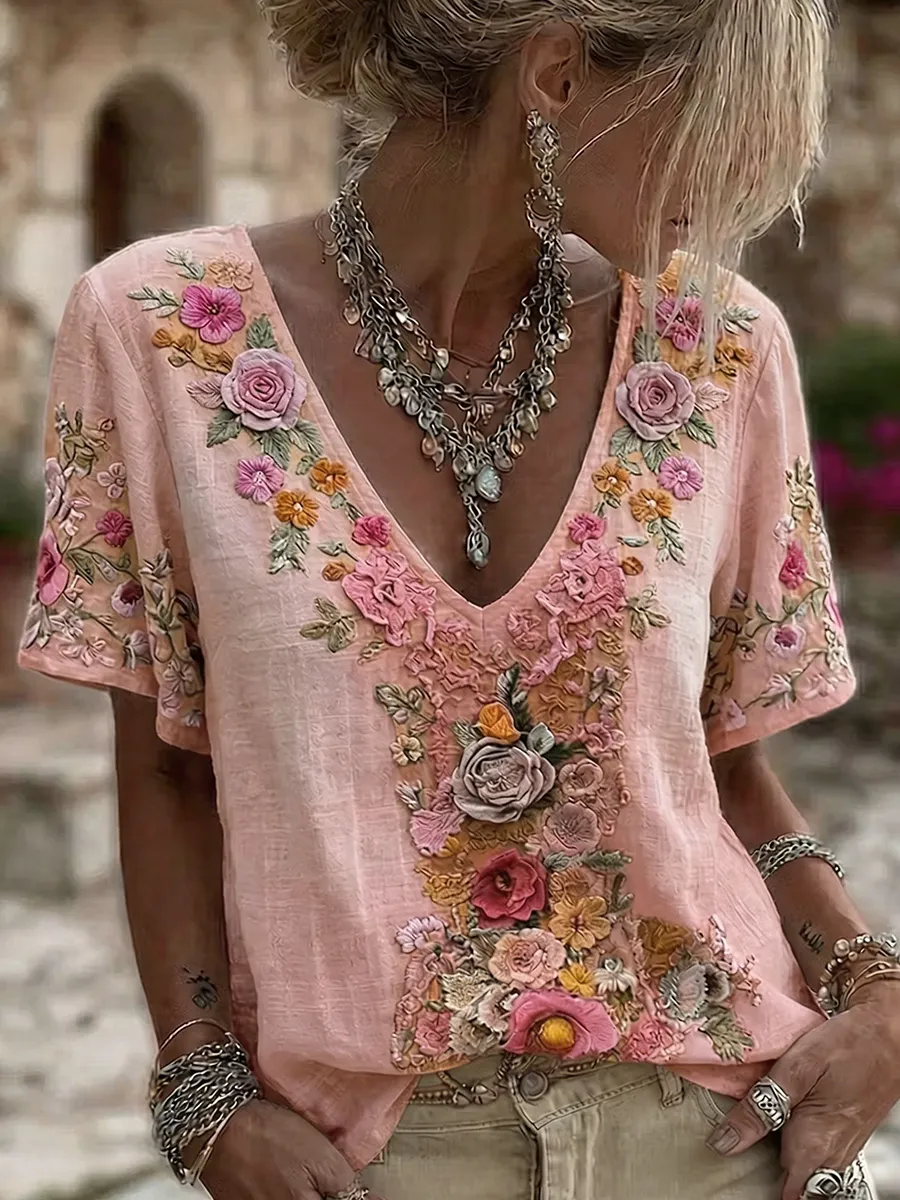 Women's Retro Comfortable Floral Simulation Printed V-Neck Top