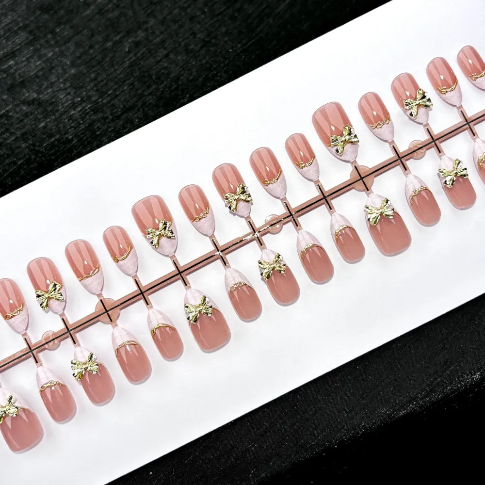 Nailhour 30Pcs Bow Gilded 3D Medium Almond French Press On Nails