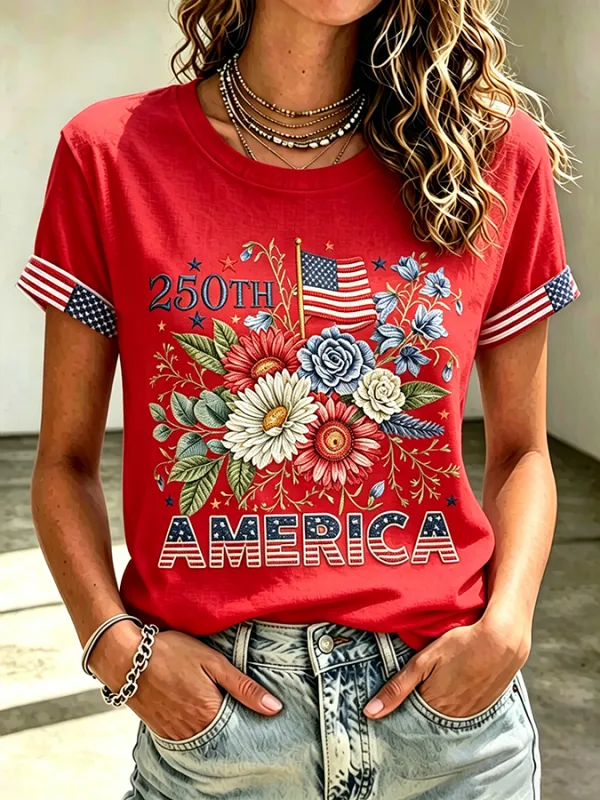 Ladies' Casual American 250Th Anniversary Flower Embroidered Round Neck Short Sleeved T-Shirt