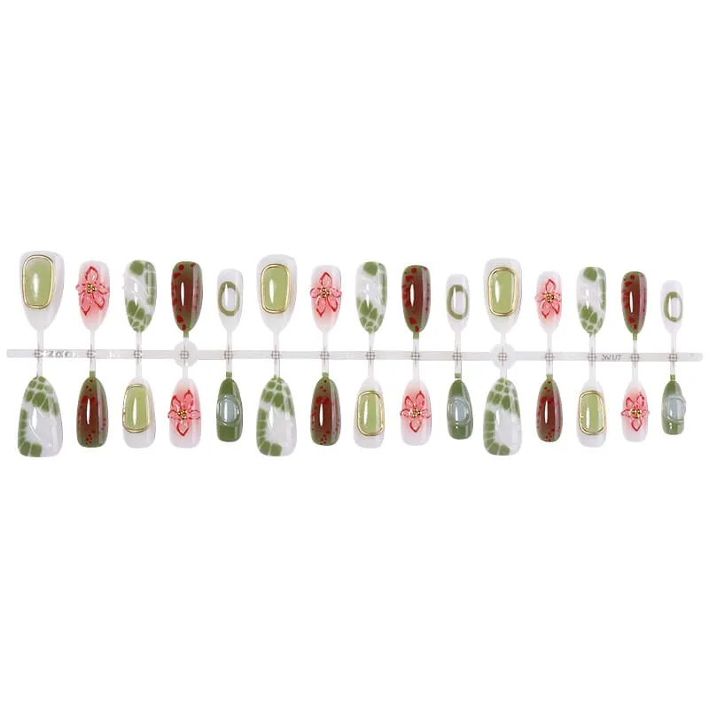 Nailhour 30Pcs Green Floral 3D Gilded Medium Almond French Press On Nails